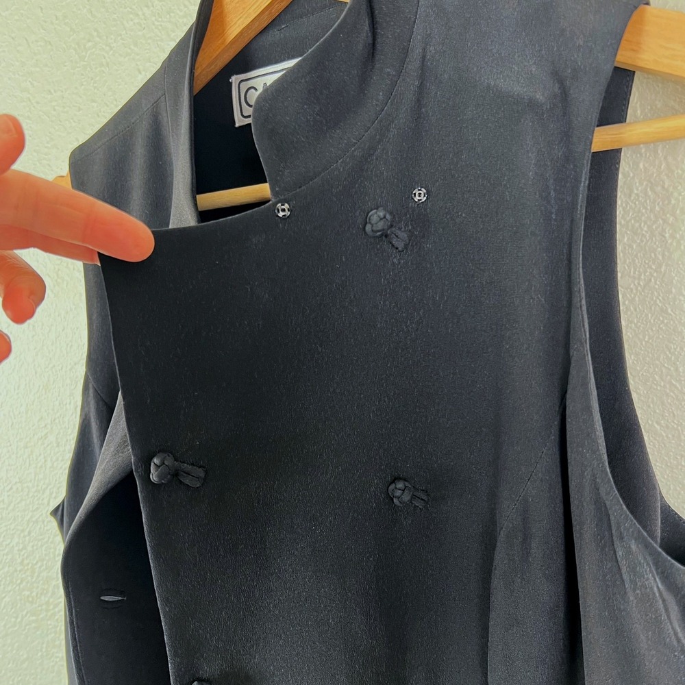 Carlisle Black 100% Silk Mandarin Collar Frog Button Sleeveless Midi Dress 10 - Picture 5 of 11